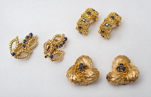 THREE PAIRS OF 14K GOLD AND SAPPHIRE EARCLIPS