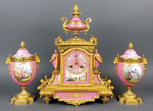19th C. French Sevres Bronze and Porcelain Clockset