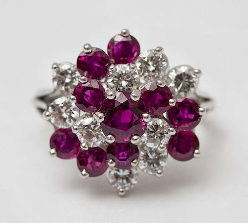 PLATINUM, DIAMOND AND RUBY COCKTAIL RING