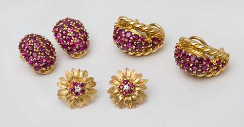 THREE PAIRS OF 14K GOLD AND RUBY EARCLIPS