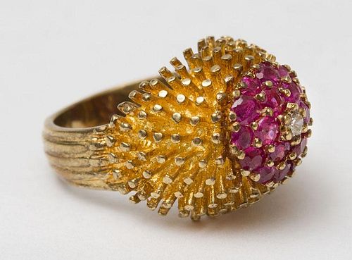 14K GOLD, RUBY AND DIAMOND COCKTAIL RING