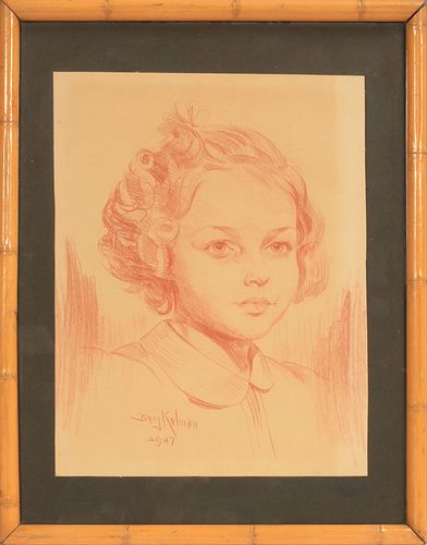 BENJAMIN KELMAN (AMER, 19/20TH C) CONTE CRAYON ON PAPER, 1947, H 14", W 11", GIRL PORTRAIT 