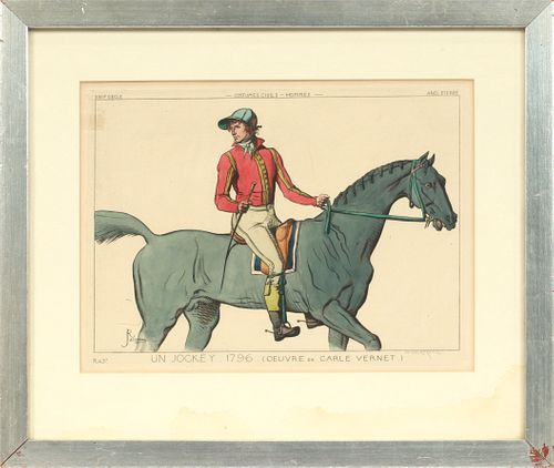 AFTER CARLE VERNET (FRENCH, 1758-36), HAND-TINTED LITHOGRAPH ON PAPER, H 10", W 13", "UN JOCKEY, 1796" 