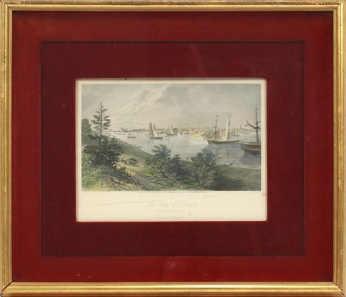 AFTER ASA COOLIDGE WARREN (AMER, 1819-04), HAND-TINTED ENGRAVING ON PAPER, H 7", W 9", "THE CITY OF DETROIT (FROM CANADA SHORE)" 