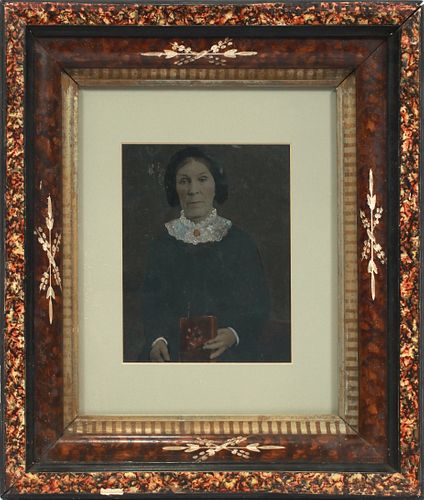 HAND-TINTED 19TH C. PHOTOGRAPH, H 6.25", W 5", WOMAN WITH BIBLE 