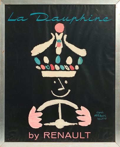 AFTER HERBERT LEUPIN (SWISS, 1916-99), OFFSET LITHOGRAPH POSTER, H 29", W 23", "LA DAUPHINE BY RENAULT" 