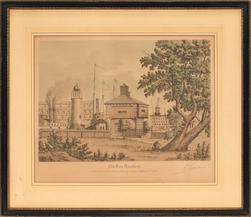 RAOUL VARIN (FRENCH, 1865-43), AQUATINT ETCHING ON PAPER, 1929, H 11", W 15", "OLD FORT DEARBORN" 
