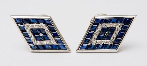 PAIR OF 14K WHITE GOLD AND SYNTHETIC SAPPHIRE LOZENGE-FORM CUFFLINKS