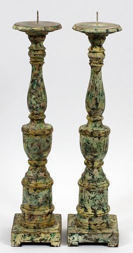 PAINTED WOOD CANDLESTICKS, PAIR, H 19.5", W 4", D 4"