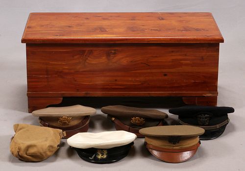 PINE SMALL CEDAR CHEST, ALSO MILITARY HATS H 13" L 33" 