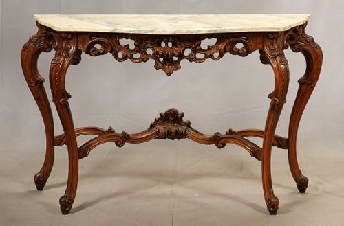 FRENCH PROVINCIAL STYLE WALNUT CONSOLE TABLE, H 35", W 19.5", L 53" 