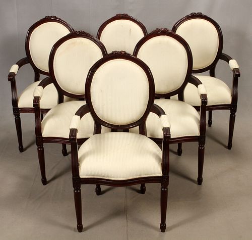 GEORGIAN STYLE, UPHOLSTERED AND MAHOGANY, ARMCHAIRS, 6 PC. H 42", W 25", D 21" 