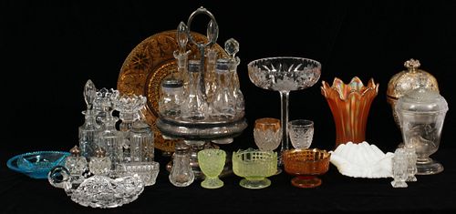 ANTIQUE AMERICAN PRESSED PATTERN-GLASS, SILVER-CANISTER W./ BOTTLES,CUT CRYSTAL, CARNIVAL,JACOBS LADDER STEM WINE GLASS,ETC. (25 +) 