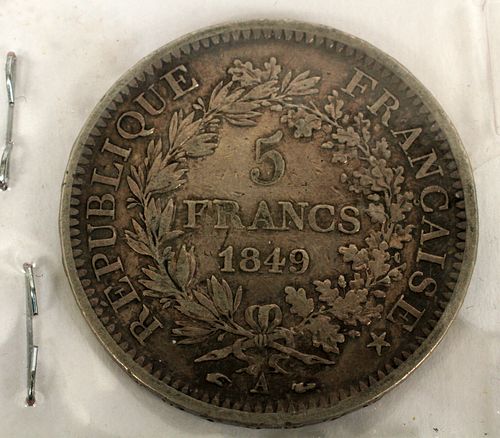 FRENCH, STERLING SILVER, 5 FRANCS COIN, 1849, A