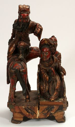 CHINESE CARVED WOOD LACQUERED SCULPTURE, H 21", W 11" 