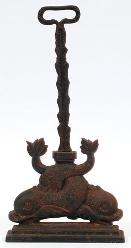 CAST IRON DOORSTOP C. 1900 TWO INTERTWINED DOLPHINS 