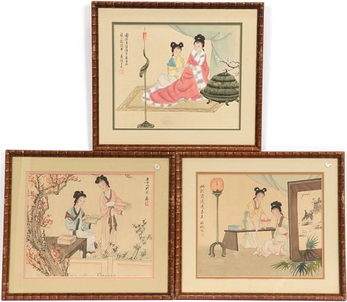 CHINESE HAND COLORED PRINTS,  THREE H 12" W 14" SCENES OF LEARNING AND LEISURE 