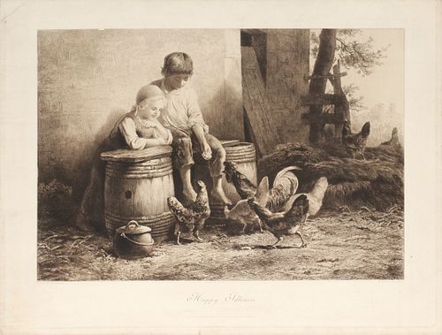 CHAS JACQUES, ETCHING, 1889, H 13" W 19" "HAPPY IDLENESS" 