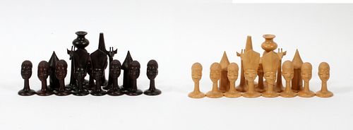 AFRICAN CARVED WOOD CHESS PIECES, 31 PCS, H 3.75", DIA 1.25"
