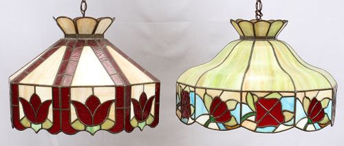 FLORAL, LEADED GLASS, CHANDELIERS, 2, BOTH H 14", DIA 22"