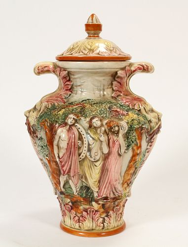 CAPODIMONTE PORCELAIN URN WITH LID, MID 20TH C. H 17", W 11" 