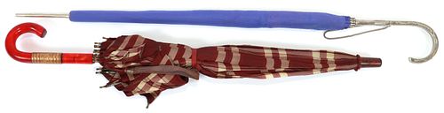 1930-60 ART DECO STYLE UMBRELLAS,(2) L 26" RED BAKELITE HANDLE, & 30" SILVER-BLUE UMBRELLAS