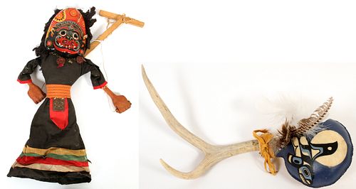 NEPALESE STYLE, CLOTH & PAINTED WOOD PUPPET, H 16" & NATIVE AMERICAN STYLE ANTLER RATTLE, L 15", 2 PIECES
