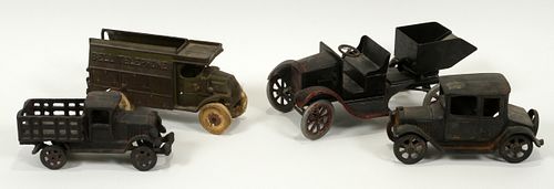 BELL TELEPHONE CAST IRON, RUBBER TOY CARS AND TRUCKS 4 H 5" L 8.5 TO 12" 