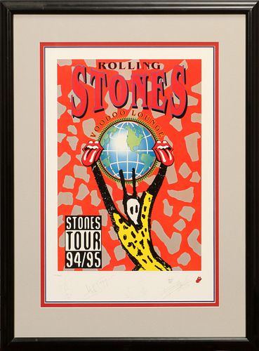 ROLLING STONES, LIMITED EDITION, LITHOGRAPH/POSTER, SIGNED IN PRINT, 1994, H 21", W 12", "VODOO LOUNGE" 