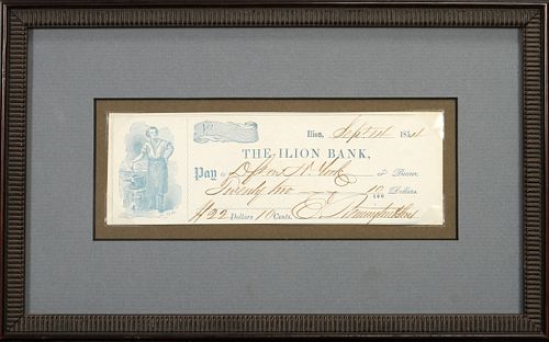 ELIPHALET REMINGTON (REMINGTON ARMS), SIGNED  CHECK, 1854, H 2 1/2", W 7" 
