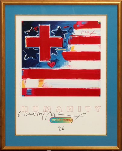 PETER MAX, SIGNED, POSTER,, H 21", W 15" (IMAGE), 'FLAG WITH RED CROSS' 