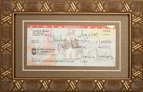 CHARLES MANSON SIGNED CHECK, DATED 1969, H 2 1/2", W 6" 