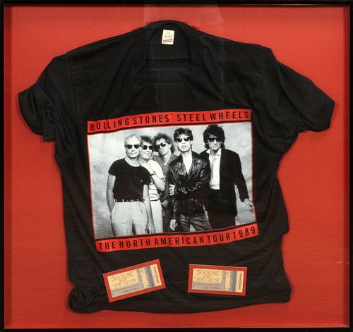 ROLLING STONES, "STEEL WHEEL" TOUR T-SHIRT AND CONCERT TICKET DISPLAY, 1989, H 26", W 27"