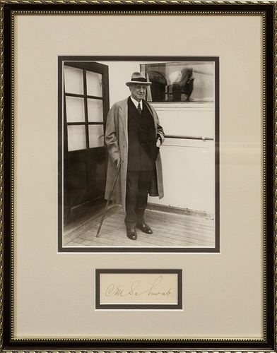CHARLES M. SCHWAB (1862-1939), CUT AUTOGRAPH AND B/W PHOTO, C1938, H 11", W 7" 