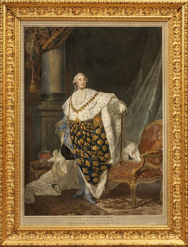 HAND COLORED PRINT, FRAMED, H 27", W 19", KING LOUIS XVI 