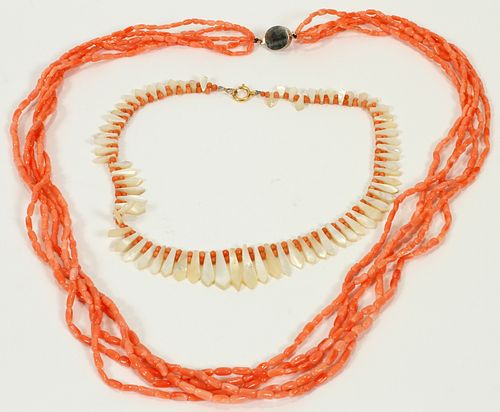 CORAL & MOTHER OF PEARL NECKLACES, 2 PCS, L 17"-30", T.W. 112 GR 