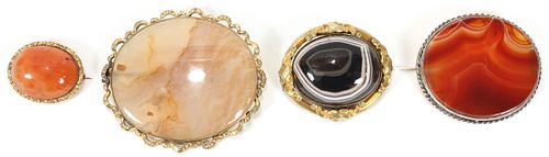 SILVER, 14KT GOLD, GILT METAL, AGATE BROOCHES, 4 PCS, W 1.5"-2.5", T.W. 83 GR 
