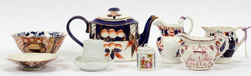 MEISEN CUP AND SAUCER,  GAUDY PITCHERS, STAFFORDSHIRE TEAPOT, IMARI BOWL, & LUSTER WARE CREAMER 7 PCS. 