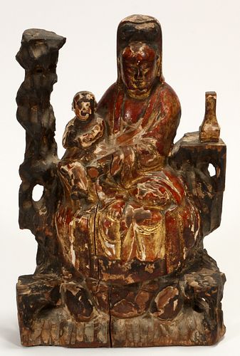 CHINESE CARVED WOOD LACQUERED SCULPTURE, H 11", W 7" 