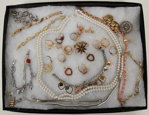 STERLING, GOLD PLATED, ETC. NECKLACES, BRACELETS, BROOCHES,  36 PCS. 