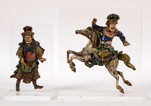 CHINESE TERRACOTTA FIGURES MOUNTED ON LUCITE, H 11"; 13" 