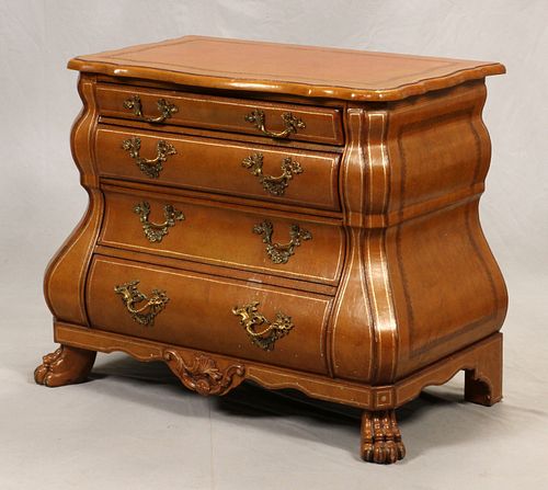 MAITLAND SMITH, LEATHER & CARVED WALNUT BOMBE CHEST, H 33" L 42", D 23" 
