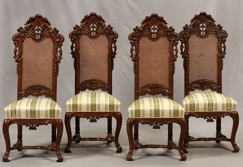 ENGLISH, CARVED WALNUT CHAIRS, SET OF 4, H 50", W 20", D 19" 