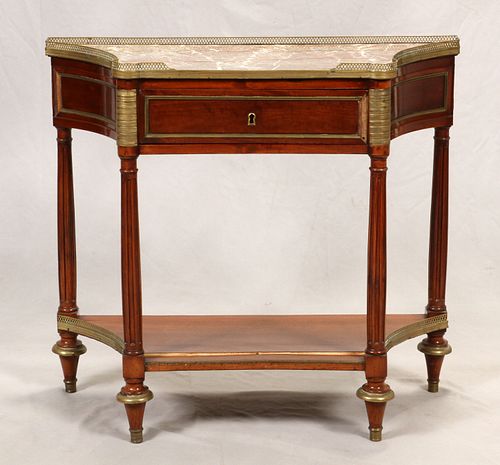 FRENCH REGENCY STYLE MAHOGANY AND BRONZE MARBLE TOP CONSOLE TABLE, H 34", L 38", D 16" 