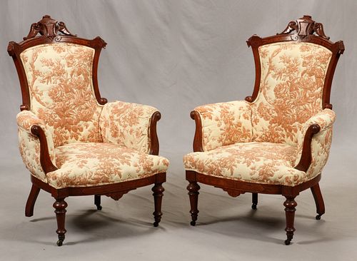 EASTLAKE CARVED WALNUT ARM CHAIRS, PAIR, H 42 1/2", W 30" 