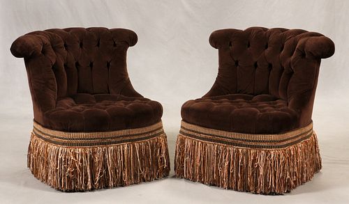 UPHOLSTERED BOUDOIR CHAIRS, PAIR 