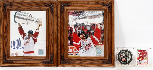 DETROIT RED WINGS, AUTOGRAPHED  PHOTOS, CARD AND PUCK, 3PCS, H 10", W 8" 