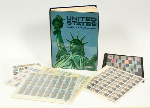 'UNITED STATES LIBERTY STAMP' ALBUM + OTHER STAMPS, H 12", W 2", D 9.75" 