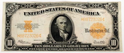 U.S. PAPER CURRENCY, $10.DOLLAR, SPEELMAN AND WHITE, GOLD CERTIFICATE, 1922, H 3 1/2", W 9"