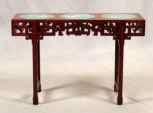 CHINESE CARVED TEAKWOOD & CLOISONNE ALTAR TABLE, H 31", L 41", D 17" 